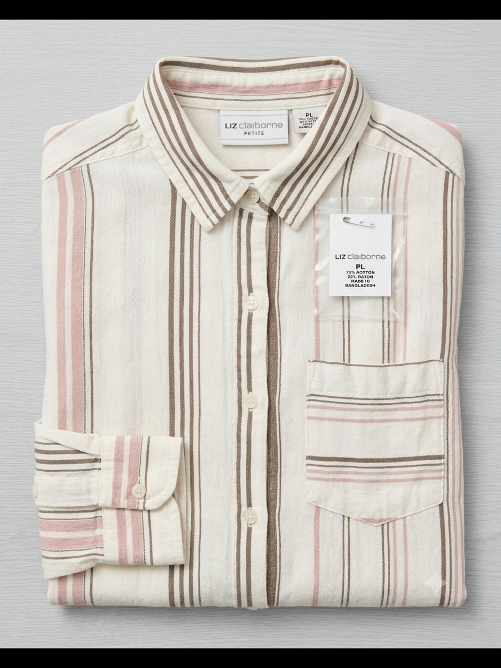 Liz Claiborne Cream Shirt with Pink & Brown Stripes